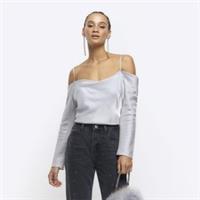 River Island Womens Top Silver Cold Shoulder Long Sleeve Cowl Neck Blouse - 16 Regular