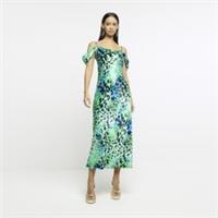 River Island Womens Midi Dress Green Animal Print Cowl Neck Sleeveless - 6 Regular