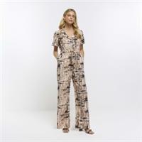 River Island Womens Jumpsuit Brown Animal Print Short Sleeve V-Neck Outfit - 6 Regular