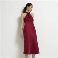 River Island Womens Midi Dress Red Satin Fabric Halter Neck Sleeveless - 16 Regular