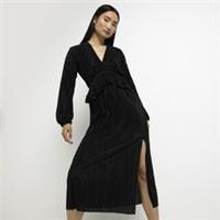 River Island Womens Midi Dress Black Long Sleeve V-Neck Pleated Fabric Split Hem - 8 Regular