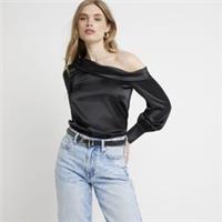 River Island Womens Blouse Black Satin Off Shoulder Asymmetric Long Sleeve Top - 14 Regular