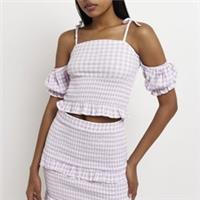 River Island Womens Cropped Top Purple Gingham Shirred Bardot Neck Casual Blouse