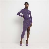 River Island Womens Bodycon Midi Dress Purple Ruched Long Sleeve High Neck - 14 Regular