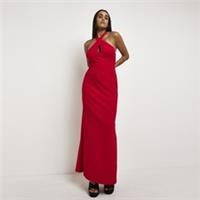 River Island Womens Bodycon Maxi Dress Red Halter Neck Sleeveless Zip Split Hem - 12 Regular
