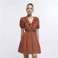 River Island Womens Wrap Mini Dress Rust Frill Short Sleeve V-Neck Elasticated - 6 Regular