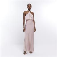 River Island Womens Halter Maxi Dress Pink Bridesmaid Gathered Waist Open Back - 12 Regular