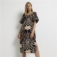 River Island Womens Midi Dress Black Print Short Puff Sleeve Tie Detail Casual - 10 Regular