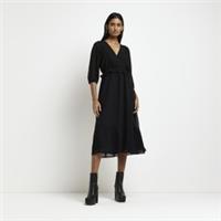 River Island Womens Wrap Midi Dress Black Spot 3/4 Sleeve V-Neck Chiffon - 6 Regular
