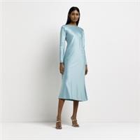 River Island Womens Slip Midi Dress Blue Satin Long Sleeve Crew Neck Open Back - 8 Regular