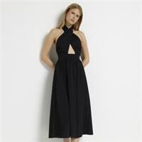 River Island Womens Midi Dress Black Linen Fabric Halter Neck Sleeveless - 16 Regular