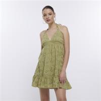 River Island Womens Mini Dress Khaki Broderie Fabric Halter Neck Sleeveless - 6 Regular