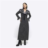 River Island Womens Maxi Dress Black Spot Frill Long Sleeve V-Neck Tie Detail - 14 Regular