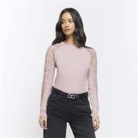 River Island Womens Top Pink Rib Lace Long Sleeve Crew Neck Blouse Ribbed - 10 Regular