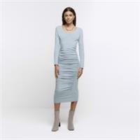 River Island Womens Bodycon Midi Dress Green Ruched Long Sleeve V-Neck - 18 Regular