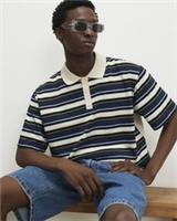 River Island Mens Polo Shirt Navy Oversized Fit Stripe Short Sleeves Top - M Regular
