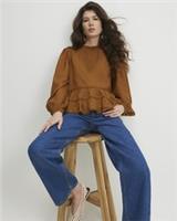 River Island Womens Smock Top Brown Long Sleeve Lace Detail Round Neck Frill - XS Regular