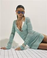 River Island Womens Mini Beach Dress Green Metallic Knit Long Sleeve Plunge Neck - L Regular