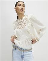River Island Womens Blouse Cream Cutwork Ruffle Pleated Long Sleeve Top - M Regular