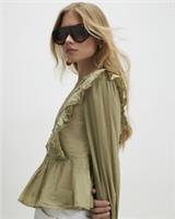 River Island Womens Blouse Khaki Cutwork Ruffle Pleated Long Sleeve Top - XL Regular