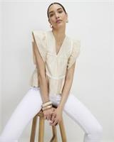 River Island Womens Blouse Beige Embroidered V-Neck Short Sleeves Floral - XL Regular