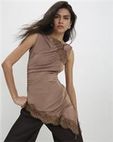 River Island Womens Tunic Brown Lace Trim Asymmetric Round Neck Sleeveless - L Regular