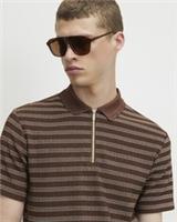 River Island Mens Polo Shirt Brown Muscle Fit Stripe Textured Short Sleeves - S Regular