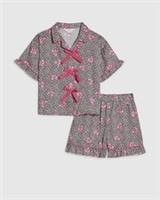 River Island Girls Pyjamas Set Brown Leopard Bow Print Satin Short Sleeves