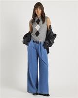 River Island Womens Wide Leg Jeans Blue Belted Pleated Pockets Casual Zip Button - 10 Regular