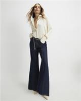 River Island Womens Wide Leg Jeans Blue Belted Pockets Casual Zip Button - 8 Regular