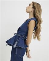River Island Womens Top Blue Denim Peplum Wrap V-Neck Sleeveless Hem Side Tie - 8 Regular
