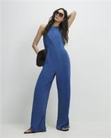 River Island Womens Jumpsuit Blue Wide Leg Denim Sleeveless Shirred Back - 6 Regular