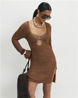 River Island Womens Mini Beach Dress Petite Brown Metallic Knit Long Sleeve - S Petites