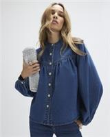 River Island Womens Shirt Blue Denim Diamante Button Long Sleeve Round Neck - 8 Regular