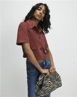 River Island Womens Shirt Brown Faux Suede Pocket Detail Short Sleeves Top - 20 Regular