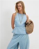 River Island Womens Top Blue Denim Fitted Waist Round Neck Sleeveless Zip - 6 Regular