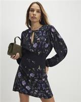 River Island Womens Mini Dress Black Floral Shaped Waist Round Neck Button Front - 8 Regular