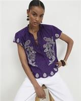 River Island Womens Blouse Purple Cotton Broderie Tie Neck Short Sleeves - S Regular