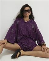River Island Womens Shirt Purple Palm Embellished Long Sleeve Button Fastening - S Regular