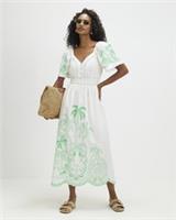 River Island Womens Maxi Dress White Cotton Palm Embroidered Short Sleeves - L Regular