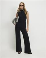 River Island Womens Wide Leg Trousers Black Cotton Textured Casual Bottoms - L Regular
