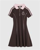 River Island Girls Polo Dress Brown Ribbed Zip Cherry Bow Short Sleeves