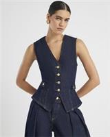River Island Womens Waistcoat Denim Fitted Tab Detail Sleeveless Button - 8 Regular