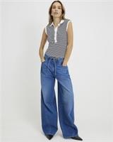 River Island Womens Wide Leg Jeans Blue Baggy Fit Tie Waist Pockets Casual Zip - 6 Tall