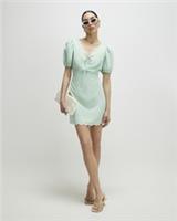 River Island Womens Mini Dress Green Linen Blend Scallop Trim V-Neck Tie Detail - 6 Regular