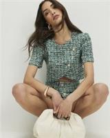 River Island Womens Top Green Cotton Blend Wrap Over Round Neck Short Sleeves - L Regular