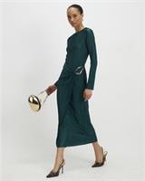 River Island Womens Midi Dress Green Plisse Buckle Detail Round Neck Long Sleeve - S Regular