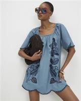 River Island Womens Mini Dress Blue Floral Embroidered Denim Square Neck - 10 Regular