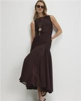 River Island Womens Midi Dress Brown Sleeveless Hybrid Round Neck Godet Hem Zip - 12 Regular