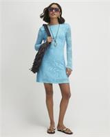 River Island Womens Crochet Mini Dress Blue Long Sleeve Open Back Casual - L Regular